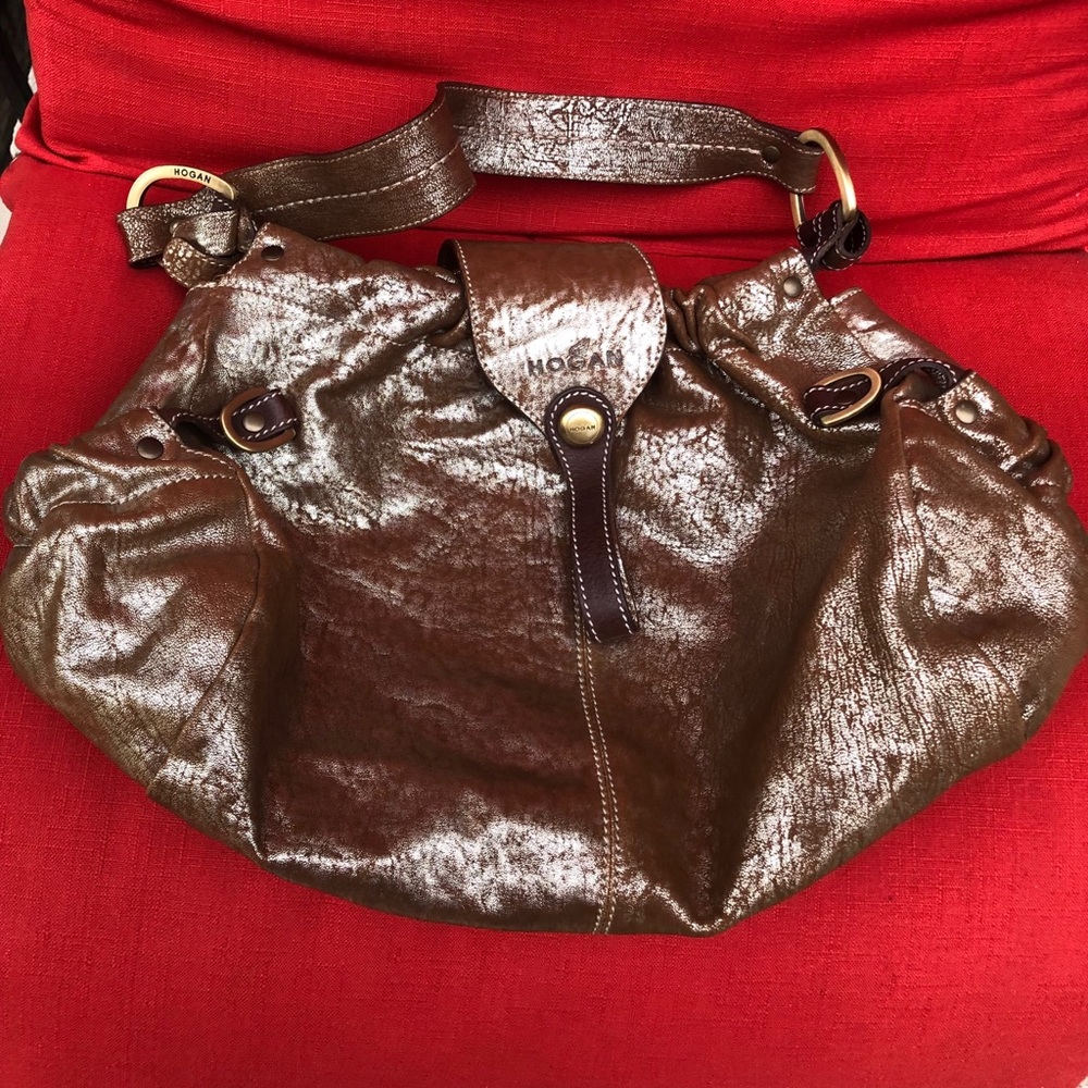 Hogan chocolate brown metallic hang bag